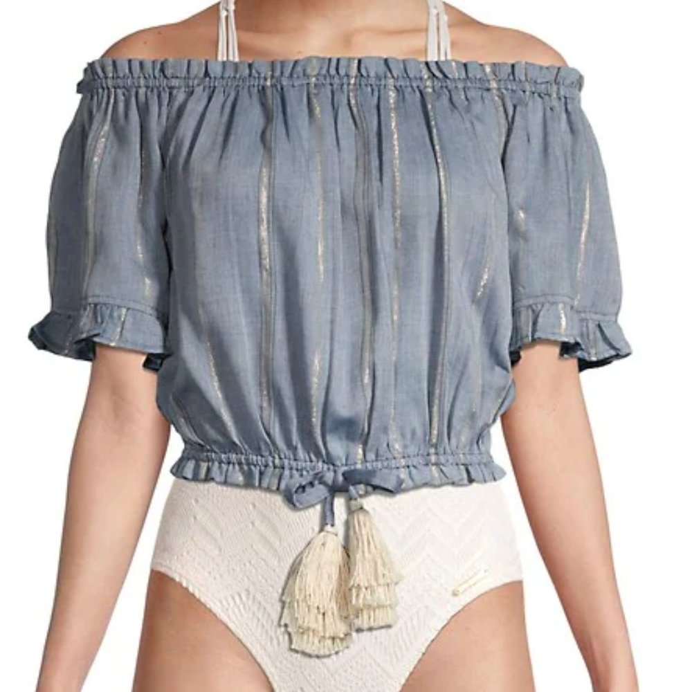 NWT SURF GYPSY Off-The-Shoulder Tassel Top Shirt Metallic Detail S